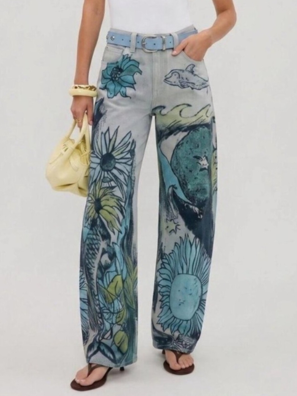Free People Tinsley Printed Straight Leg Jeans in Seashore Combo Blue Turquoise